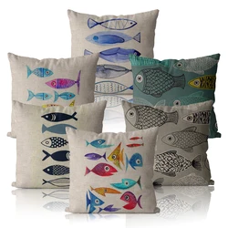 Animal Color Fish Pillow Cover Farmhouse Home Decor Pillow Cases 45*45 40*40 Blue Ocean Linen Cushion Cover for Living Room