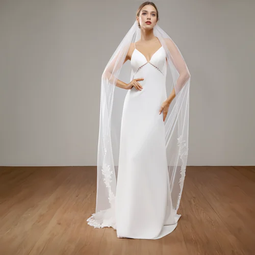 Imagen 2 del producto Velos de novia cortos V47, borde de encaje, longitud de la Catedral, velo de novia con peine, adorno de encaje francés Floral, accesorios nupciales