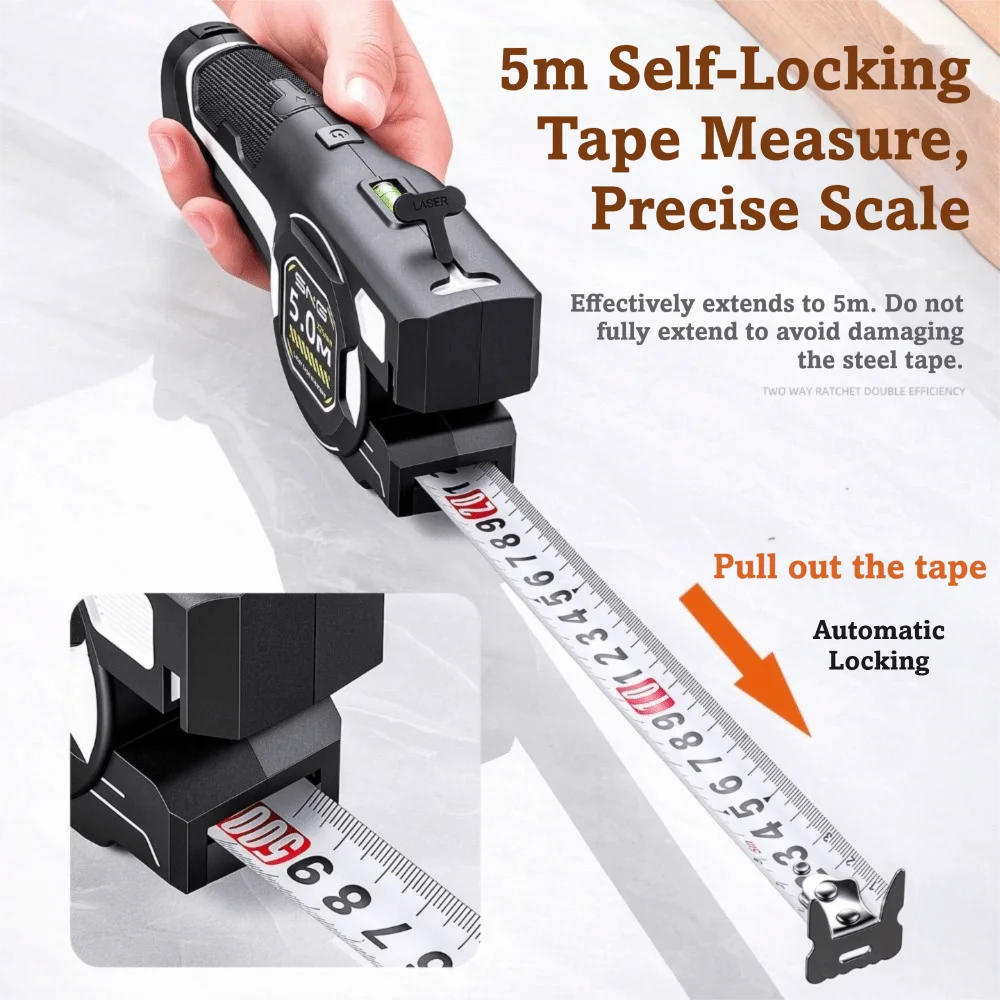 Sturdy Construction Laser Tape Measure Rechargeable Retractable Laser Rangefinder Green Laser Level Backlit Digital Display