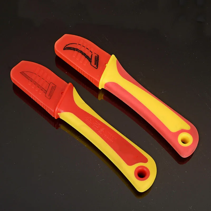 WEELEE Insulated Knife Electricians Wire Stripper Cable Stripping Snips Straight Curved Blade Rubber Handle Peeling Hand Tool
