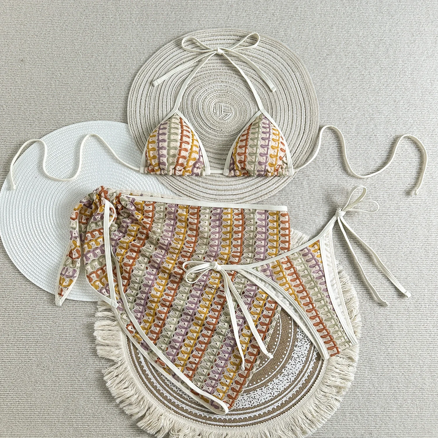 Sexy Patchwork-Mikro-Bikini-Sets, 3-teilig, mit Überzug, Rock, aushöhlen, Badebekleidung, Badeanzug, Strand-Outfits, Badeanzüge, Biquini, Tankini