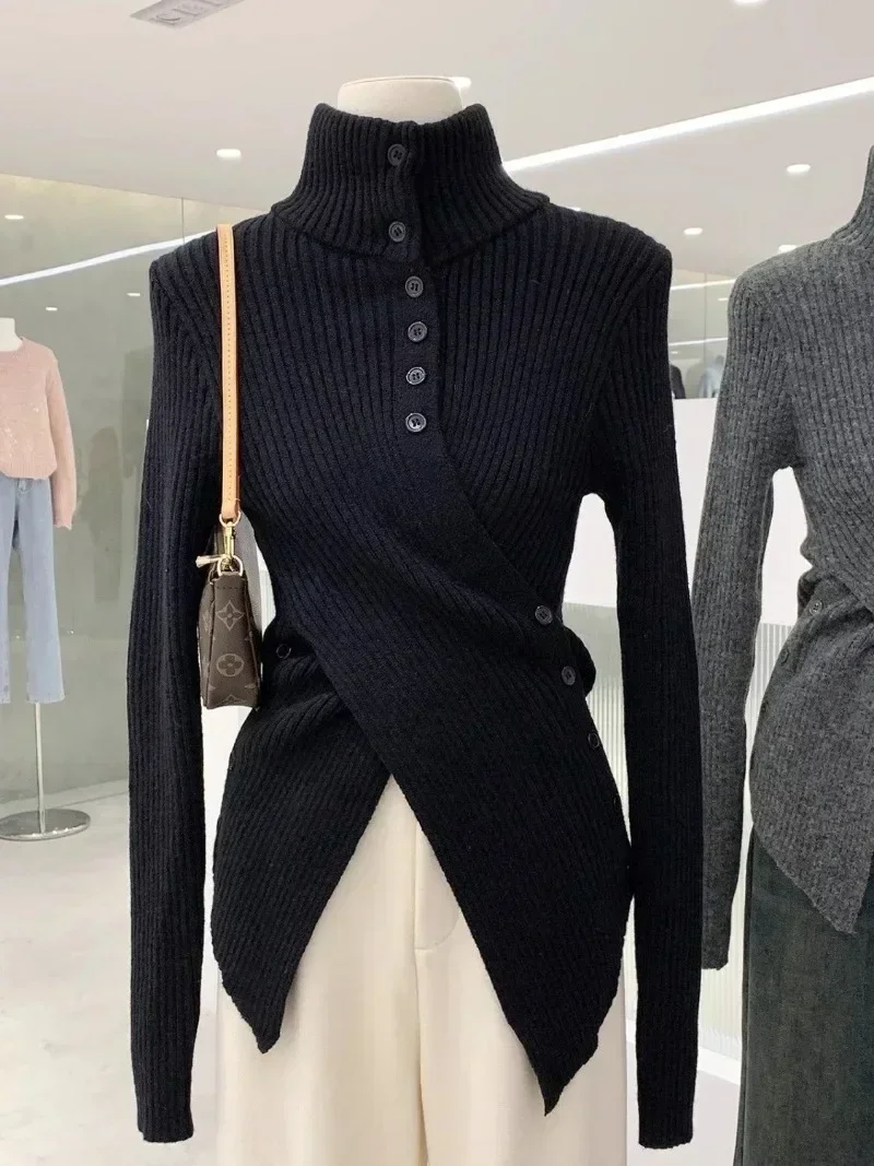 Korean Chic Elegant Slim Fit Cardigan Cross Button Simple Long Sleeve Turtleneck Sweaters 2024 Autumn New All-match Solid Jumper