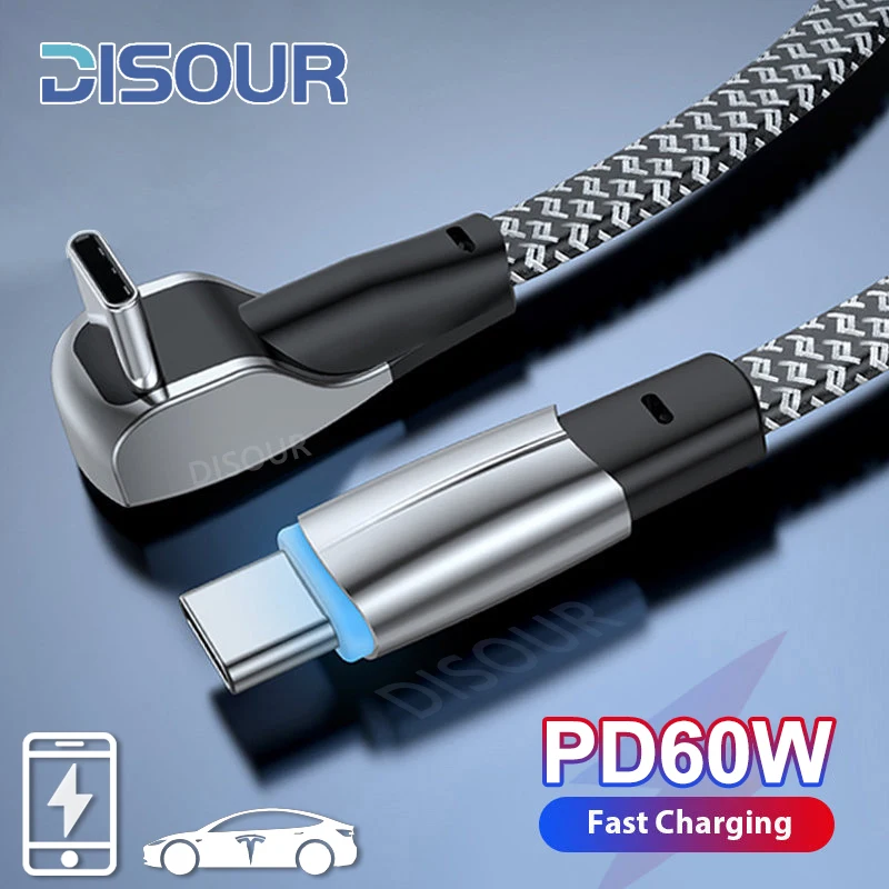 데이터 전송 기능이 있는 고속 충전 케이블, PD 60W C타입에서 C타입 90 도 USB C 고속 충전기, 테슬라 삼성 샤오미 화웨이용