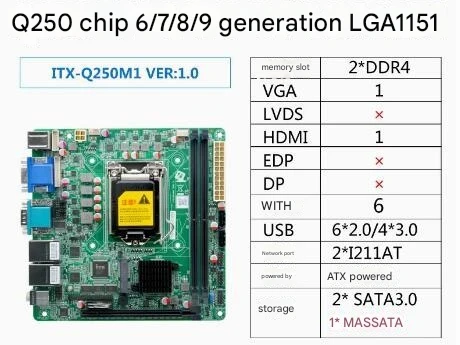 B250 B365 Scheda Madre Mini-ITX SBC IPC Scheda Madre Scheda Industriale Mini ITX Supporto 6/7/8/9th LGA1151 CPU 6 * COM 2 * LAN PS/2 VGA