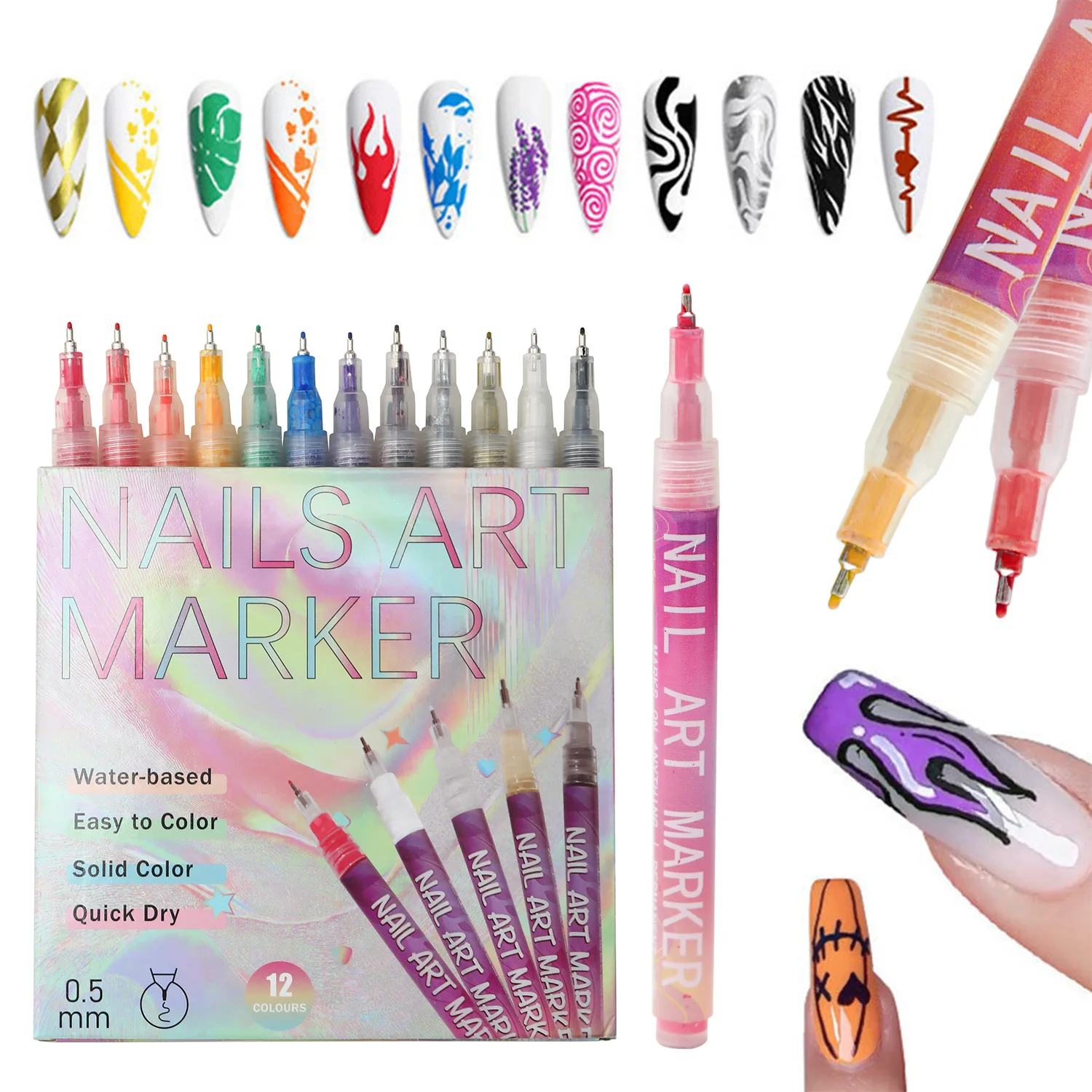12 قطعة مسمار الفن أقلام 0.5 مللي متر غرامة خط هلام بطانة مجموعة أقلام رصاص مقاوم للماء سريعة الجافة مسمار علامات DIY بها بنفسك مانيكير الرسم