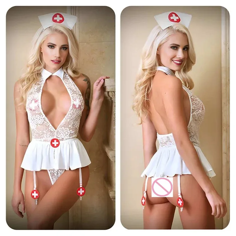 

Wholesale Women's Sexy Lace Transparant Lingerie Underwear Lady Erotic Hollow Out Bodysuit Fliter Cosplay Nurse Costumes