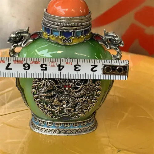 Green Jade Tibetan Copper Dragon Snuff Bottle China Antique Collection Ornaments