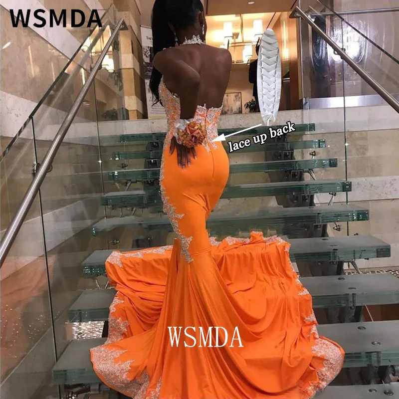 Halter Orange Mermaid Prom Dress with Sliver Lace Appliques Open Back Sexy Trumpet Party Gown Custom Made