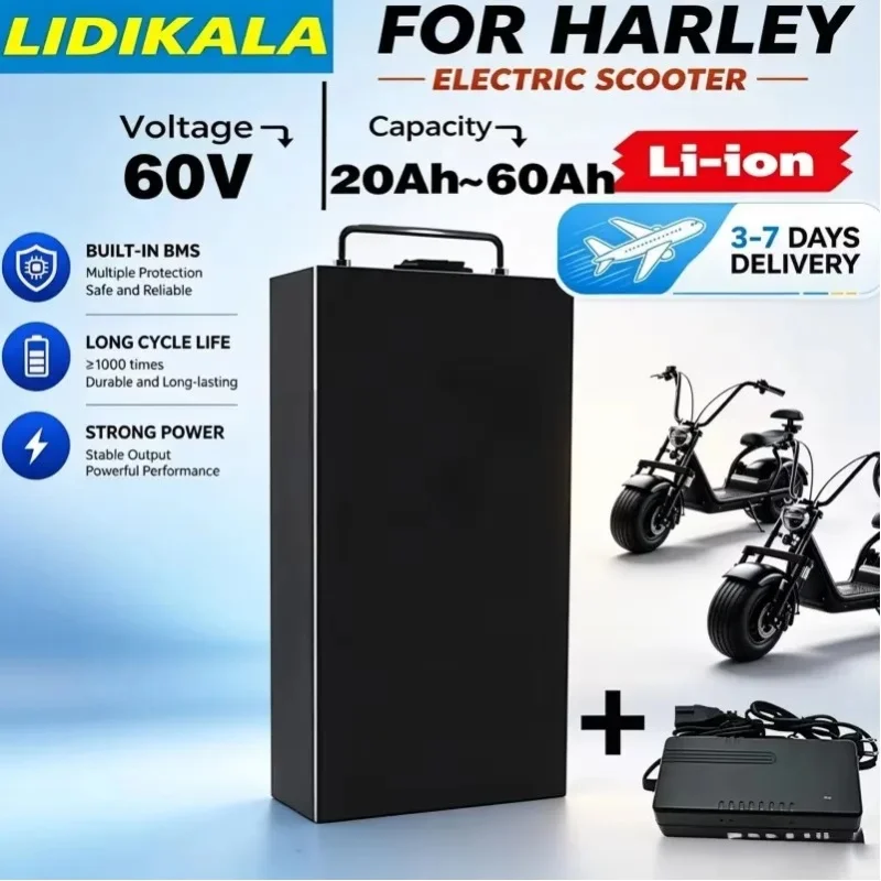 Leistungsstarker Ersatzakku LIDIKALA 60V 20Ah-60Ah Hochkapazitäts-Lithium-Ionen-Akkupack mit integriertem BMS, 2000W für Harley-Style Citycoco Faltbarer Zweirad-Elektroroller E-Motorrad, mit