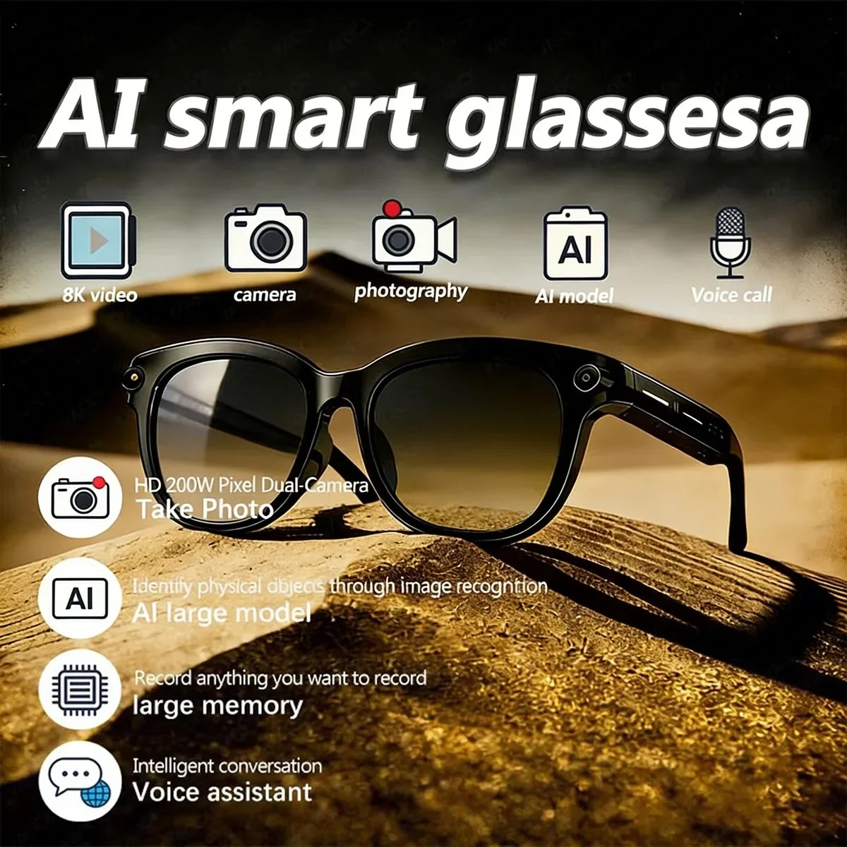 

2026 AI Smart Glasses for Men And Women with AI Translation Bluetooth Calling Music Player Camera Control Anti-blue Light Sungla
