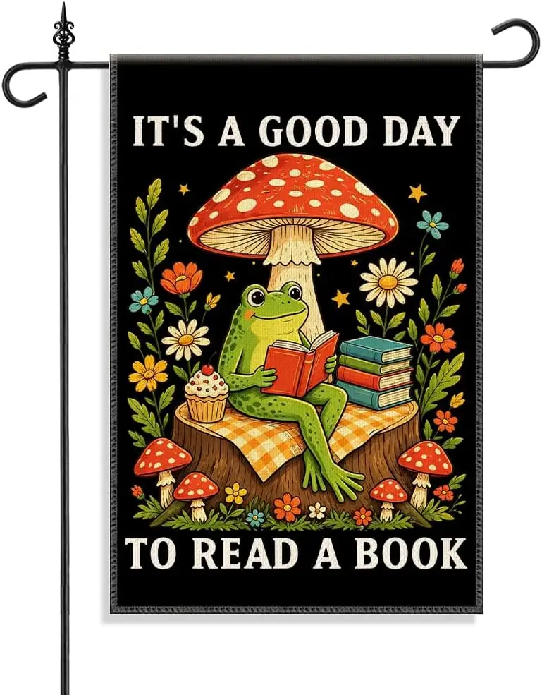 It's A Good Day To Read A Book Frog Mushroom Double Sided Flag yyi