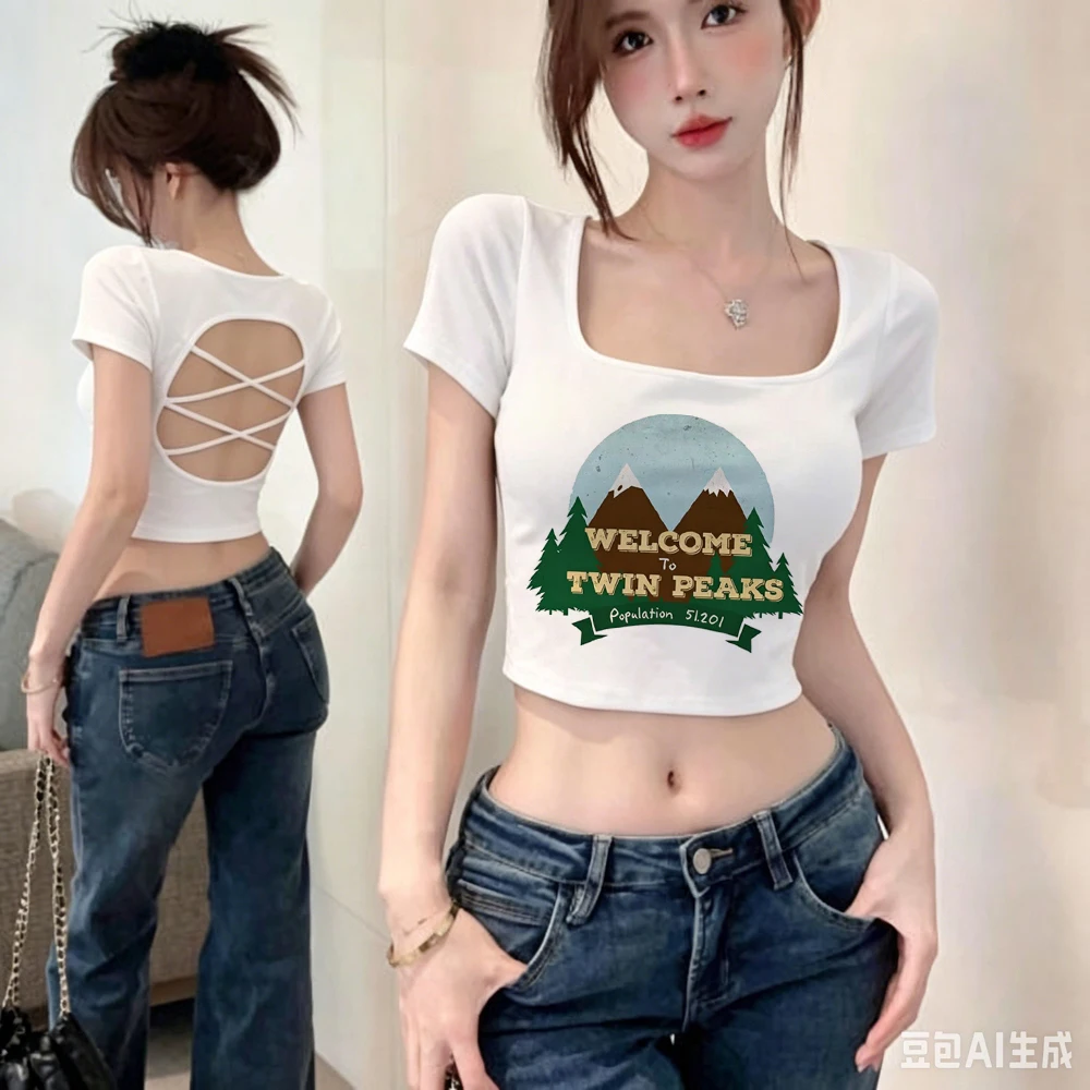 Twin Peaks cropped top women funny emo cutecore graphic korean fashion tshirt dollette manga clearance sales scene  grunge