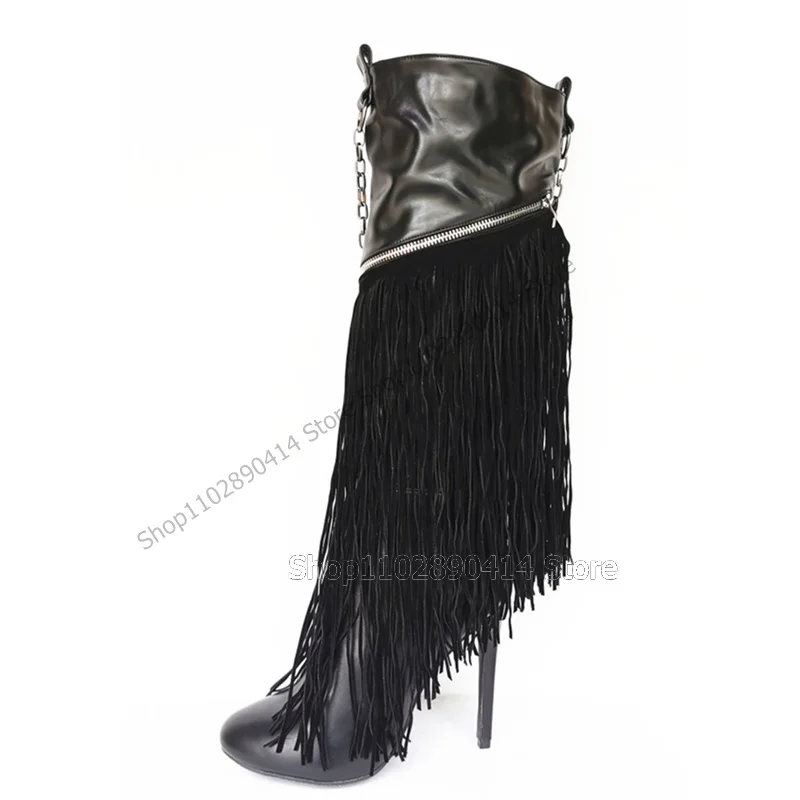 

Silver Chain Zipper Black Tassels Decor Pointy Toe Boots Side Zipper Women Shoes Thin High Heels Runway 2023 Zapatos Para Mujere