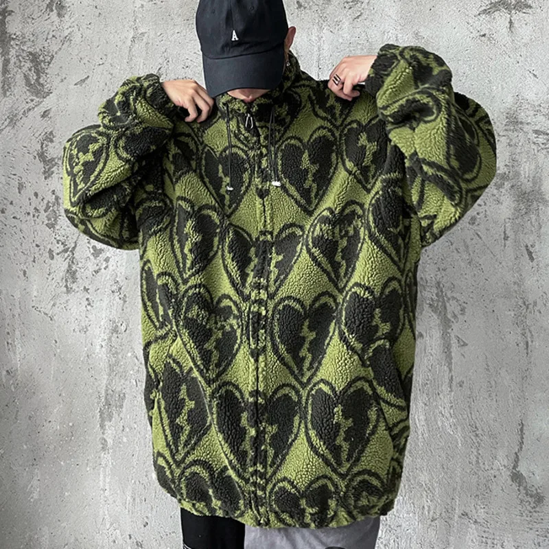 Winter Lambswool Coat Men Casual Streetwear Grimace Print Parka Hip Hop Grain Fleece Coat Loose College Warm Outwear Unisex New