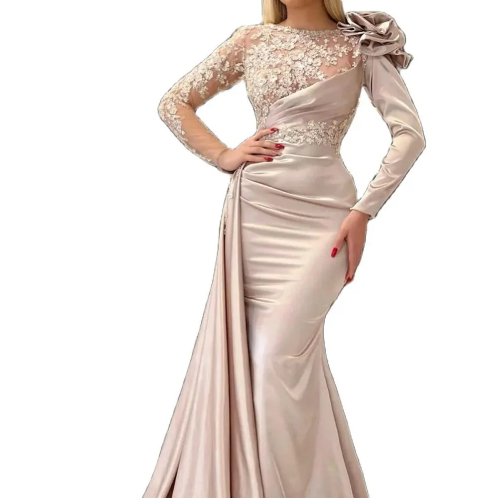 2024 Light Champagne Color Evening Gown Pleated Formal Crystal Beaded Jewelry Neck Elegant Mermaid Long Sleeve Prom Party Dress