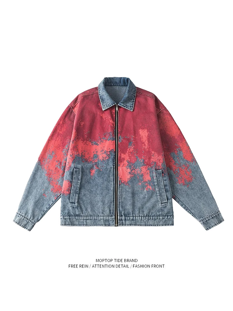 Mr. WH American High Street Gradient Dyed Tie Dye Men's Spring Autumn Jacket Color Block Denim Jacket Retro Vintage Versatile...