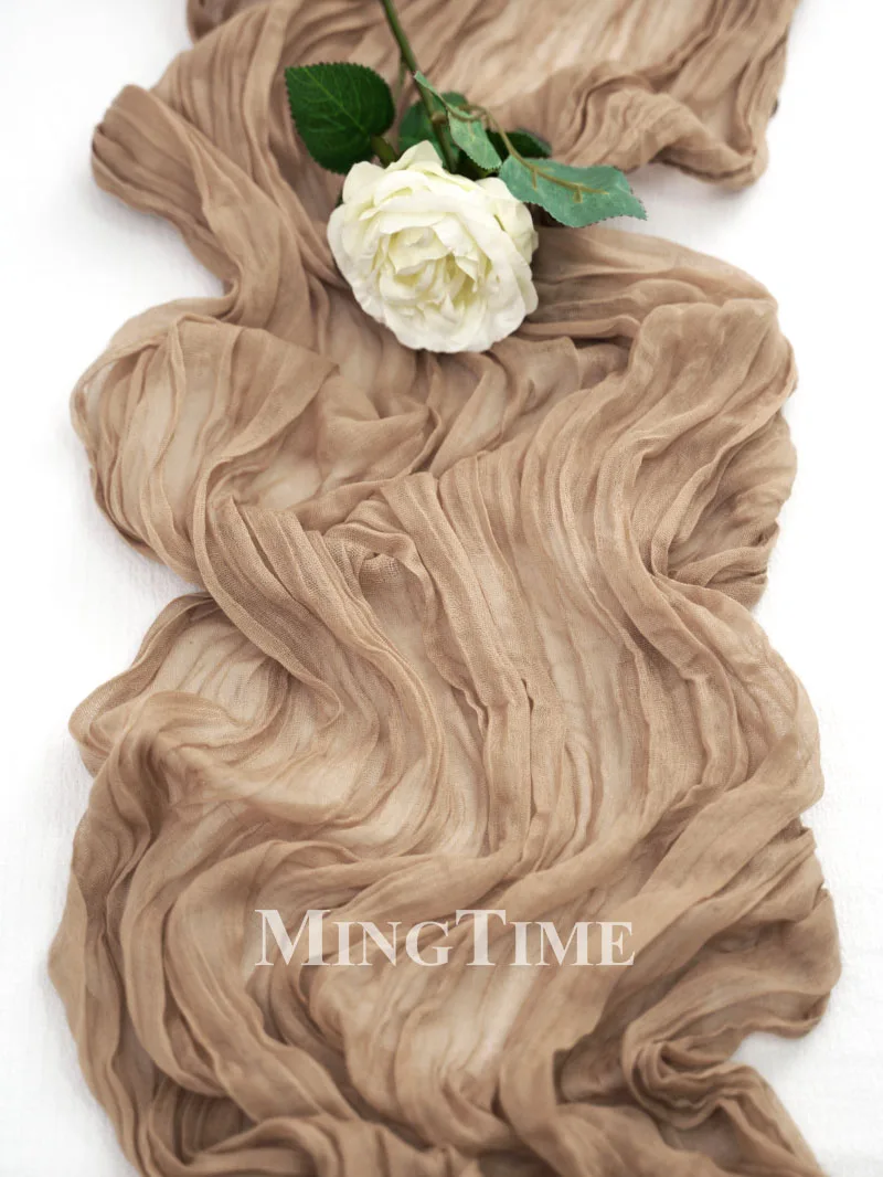 Pleated Table Runner Semi-Sheer Gauze Light Brown Khaki Cheesecloth Retro Vintage Wedding Party Christmas Decoration