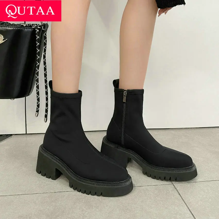 QUTAA 2024 Women High Heels Ankle Boots Autumn Winter Lycra Motorcycle Boots Platforms Party Shoes Woman Size 34-42