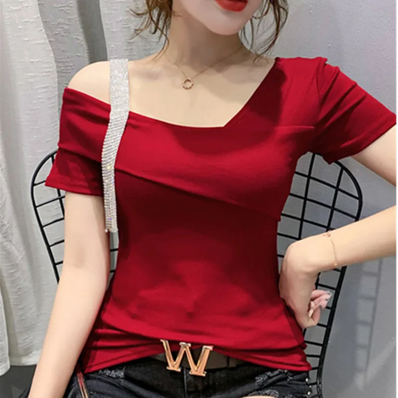 #5301 Summer Sexy Short Sleeve T Shirt Women Skew Collar Diamonds Skinny T Shirt For Girl Solid Color Tee Shirt Korean Fashion