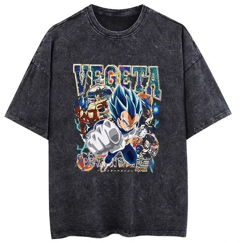 

Anime Style Tee 2025 Black Cotton T-shirt Pink Character Gold Chains Japanese Text Vintage Wash Distressed Oversized Streetwear