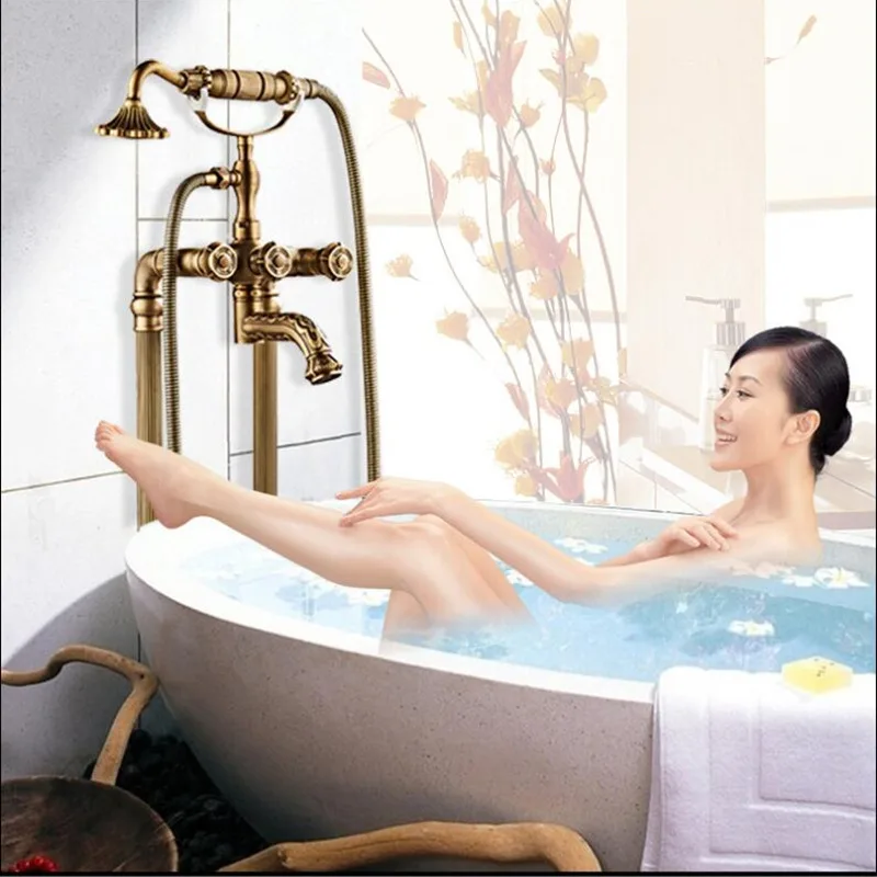 Imagem -04 - Tuqiu Floor Standing Carved Bathtub Faucet Tub Filler Moda Antique Brass Floor Mount com Chuveiro de Mão Banheira Mixer Torneiras