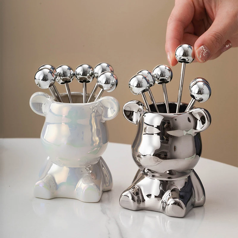 New#6pcs Stainless Steel Dessert Forks With Storage Jar Cute Bear Utensils For Party Tasting Dessert Fruit Pickle Fruit Salad