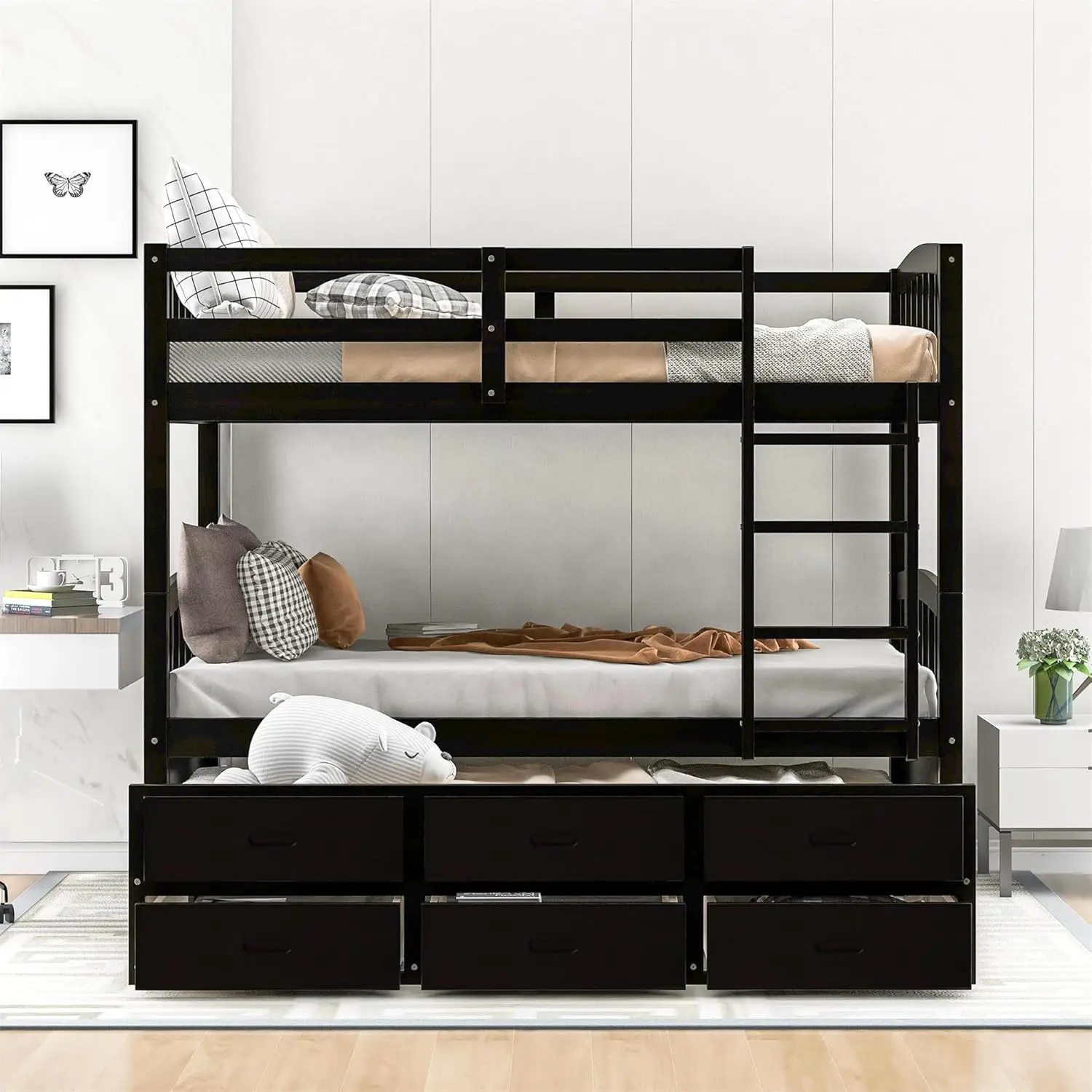 Solid Wood Bunk Bed with Trundle Twin Over Twin 3 Storage Drawers Safety Rail Convertible 2 Beds No Box Spring Required, Custom