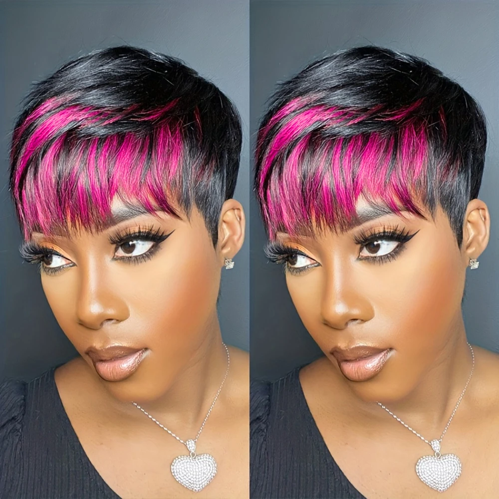 

1B Фиолетовый короткий парик Боб Прямые парики из человеческих волос с челкой Полный машинный парик Бразильский парик Remy Pixie Cut для женщин