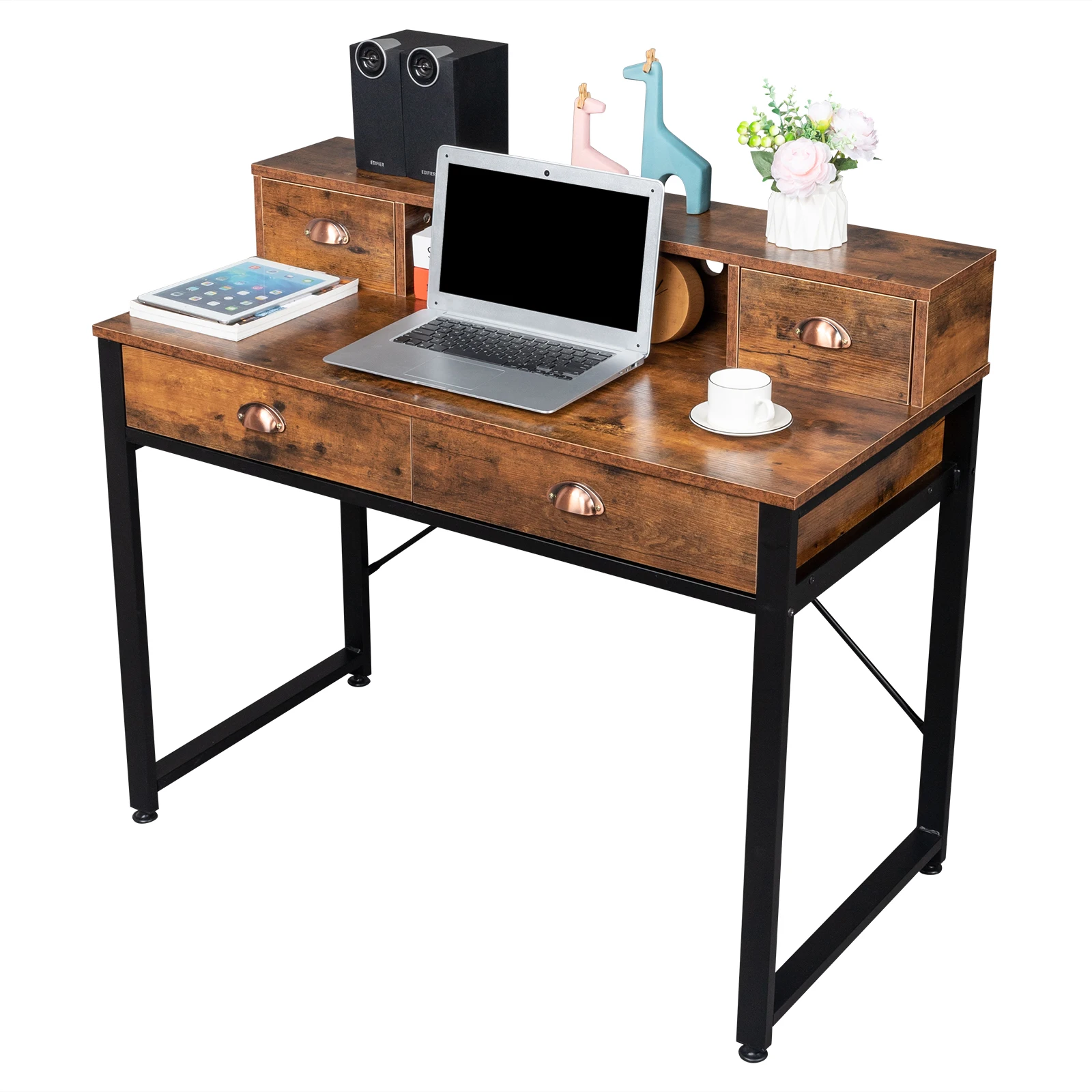 106*54*90cm Old Wood Table Top Black Steel Frame Particle Board Two Small Drawers Two Large Drawers Computer Desk Can Be Used Fo