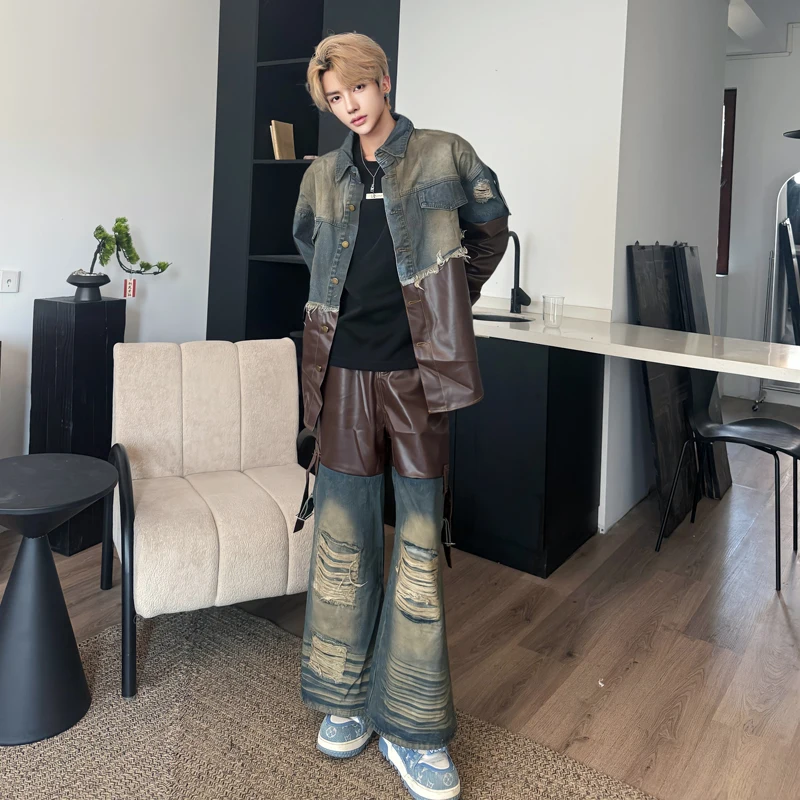 WTHT Fashion Men‘s Suit Lapel Spliced Leather Do Old Denim Coats Hole Burr Edge Straight Jeans Set Male 2025 Autumn 2A2125