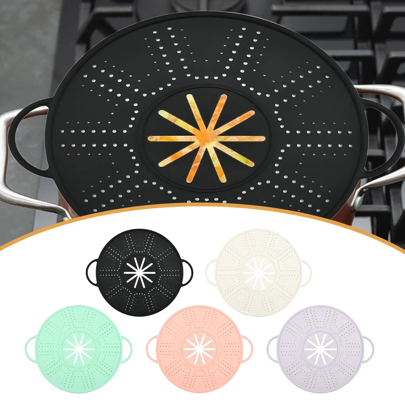 Silicone Spill Stopper Lid Heat Resistant Oil Splash Guard Splatter Screen with Double Handles for Pots Pans Skillet Cooking