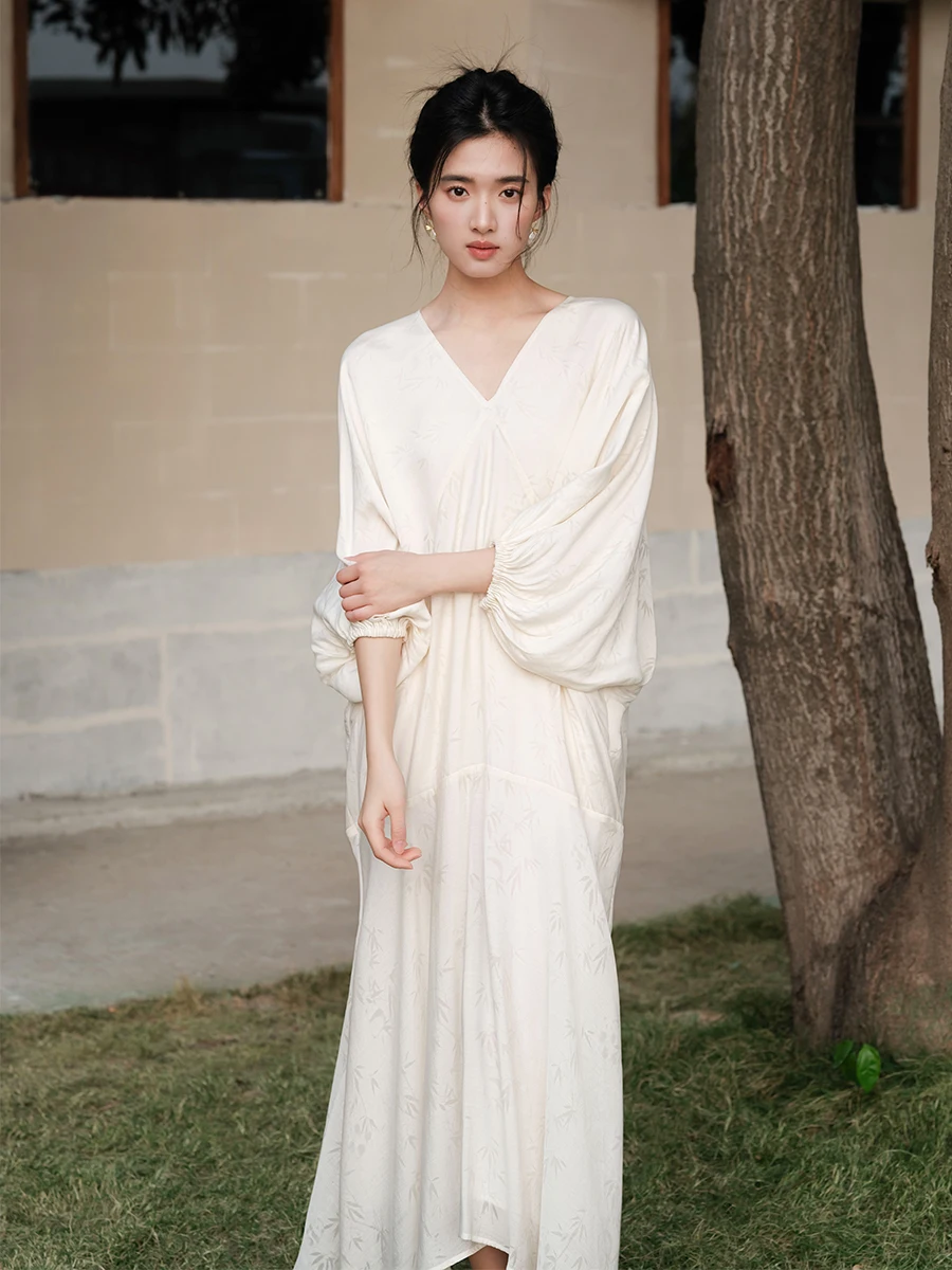 

Новое летнее китайское платье с длинными рукавами-фонариками, женское, свободного кроя, повседневное, модное, с V-образным вырезом, элегантное, для чаепития