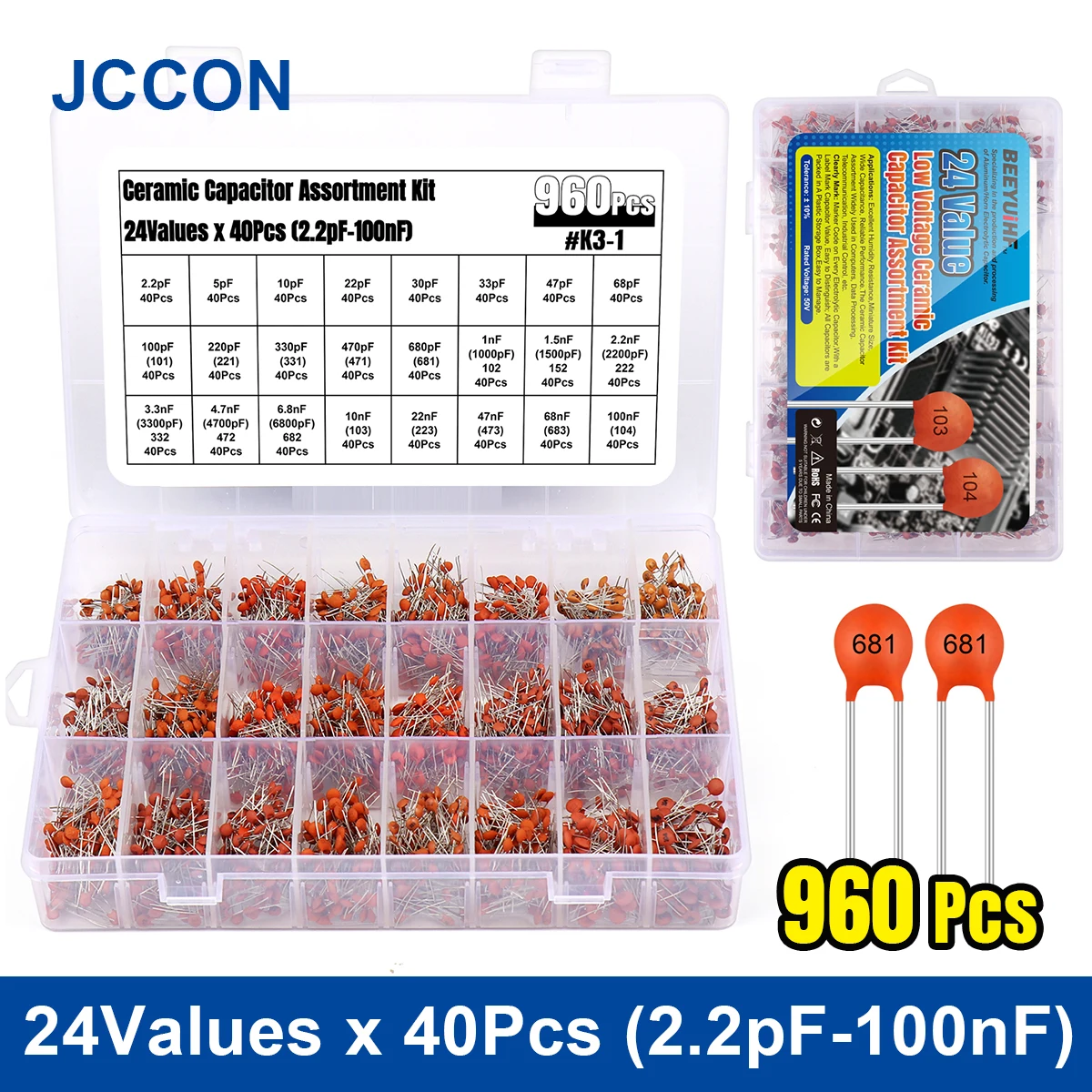 

960Pcs JCCON Ceramic Capacitor Assortment Kit 24Values x 40Pcs 2.2pF-100nF 50V Ceramic Capacitors Set