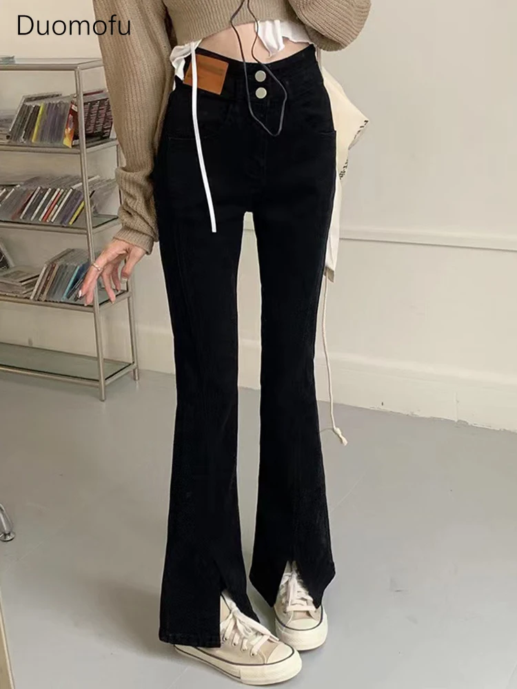 Duomofu Light Blue Chicly High Waist Slim Female Flare Jeans Autumn Classic Split Simple Casual Fashion Full Length Women Jeans