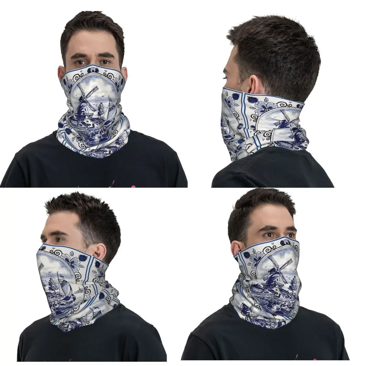 Pañuelo con estampado de molino de viento Vintage de Delft azul holandés, cubierta para el cuello, máscara envolvente estampada, bufanda, máscara facial para senderismo, pesca, Unisex para adultos