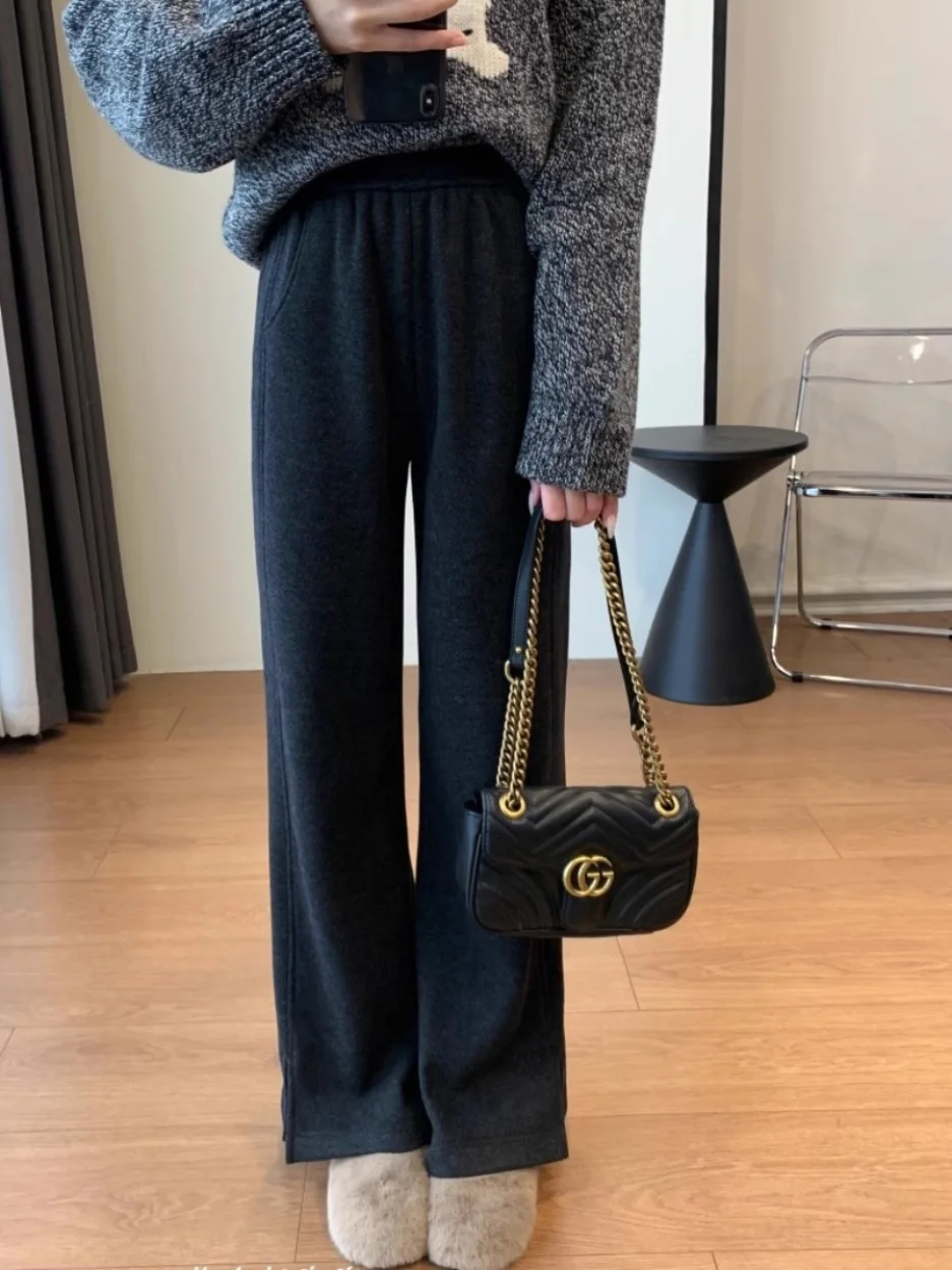 Thiened Warmth Woolen Casual Wide Leg Pants High Waist Long Trousers Slim Fit Vintage Acetate Woolen Pants for Winter