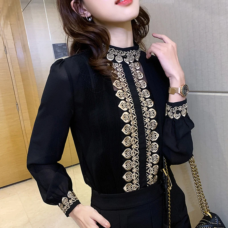 Vintage Single-breasted Chiffon blouse Autumn Spring New Elegant Embroidered Tops Stand Collar Lantern Sleeve Women Shirt