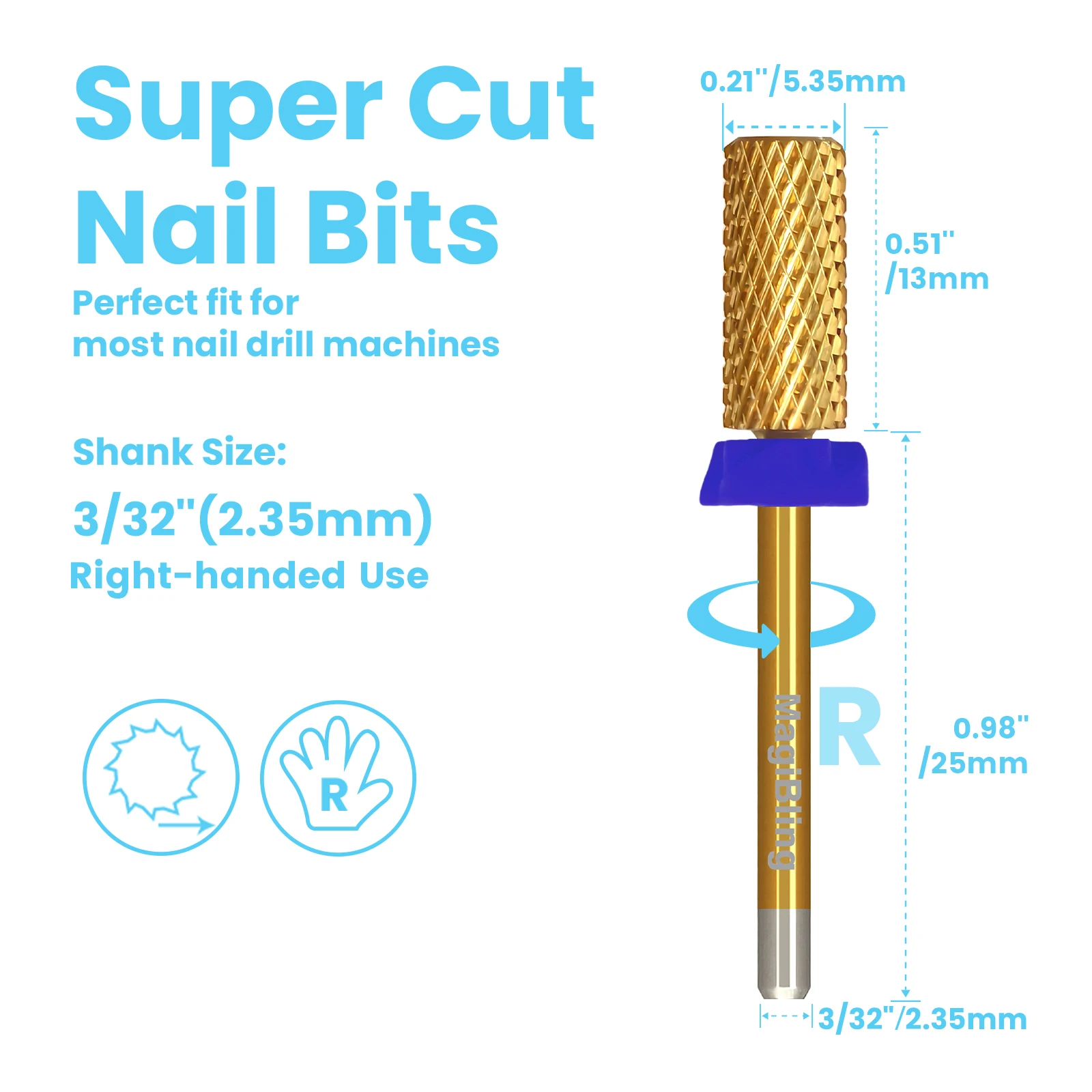 MagiBling ขนาดเล็ก Barrel คาร์ไบด์เจาะเล็บ Bits ฟันขึ้นออกแบบขวามือ Cuticle GEL ขัดลบเล็บเครื่องมือ 3/32''