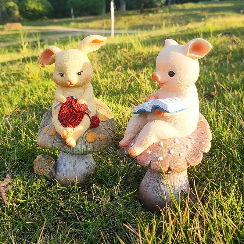 Cute Reading Books Knitting Sweaters Mushroom Rabbits Resin Ornaments Homestay Villa Decoration Garden Courtyard Figurines Craft