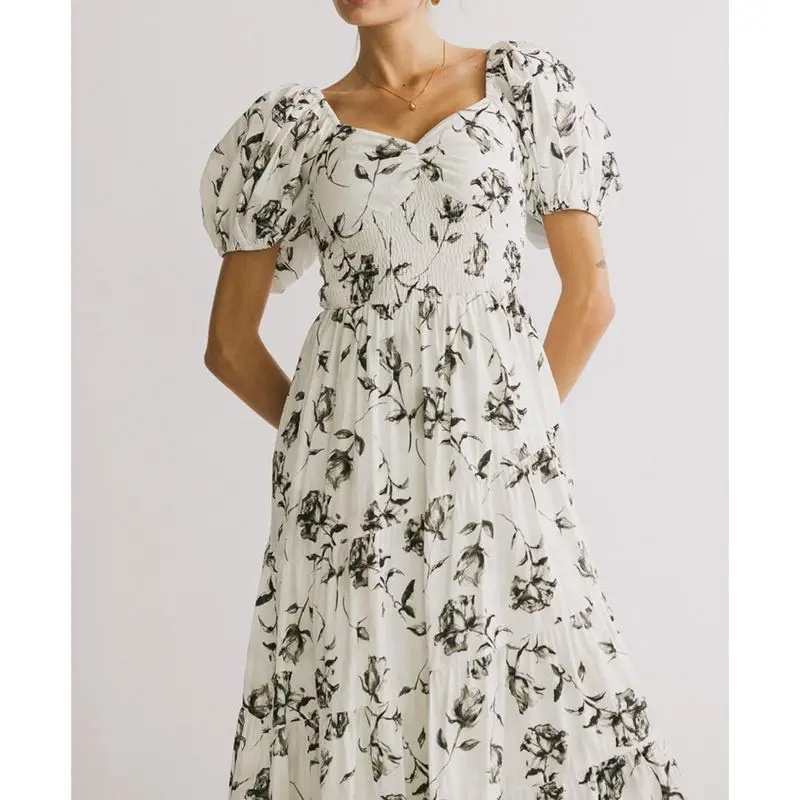 Combhasaki femmes été décontracté froncé chérie col en v smocké imprimé fleuri manches courtes bouffantes fête fluide a-ligne longue robe