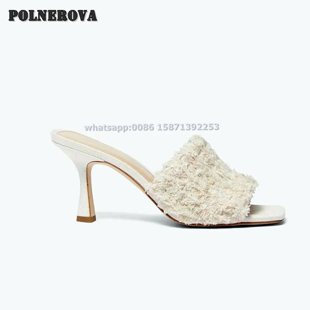 

White Denim Mule Shallow Sandals Square Toe Stiletto Solid Slip On Large Size Slipper Knitting Comfortable Concise Fashion Shoes