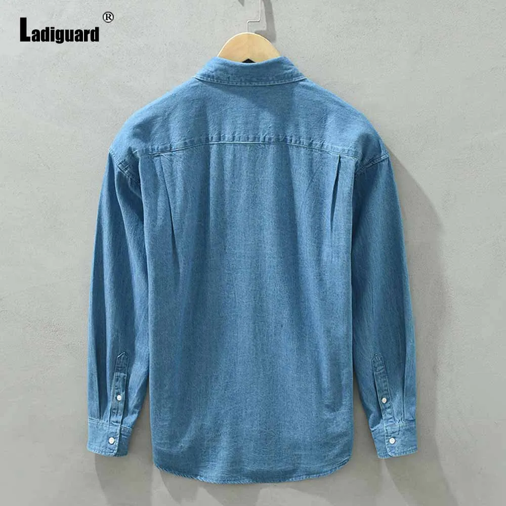 Men Long Sleeves Fashion Demin Tops Wear 2023 Autumn Casual Stand Pocket Jean Shirt Plus Size Men's Street Basic Denim Blouse