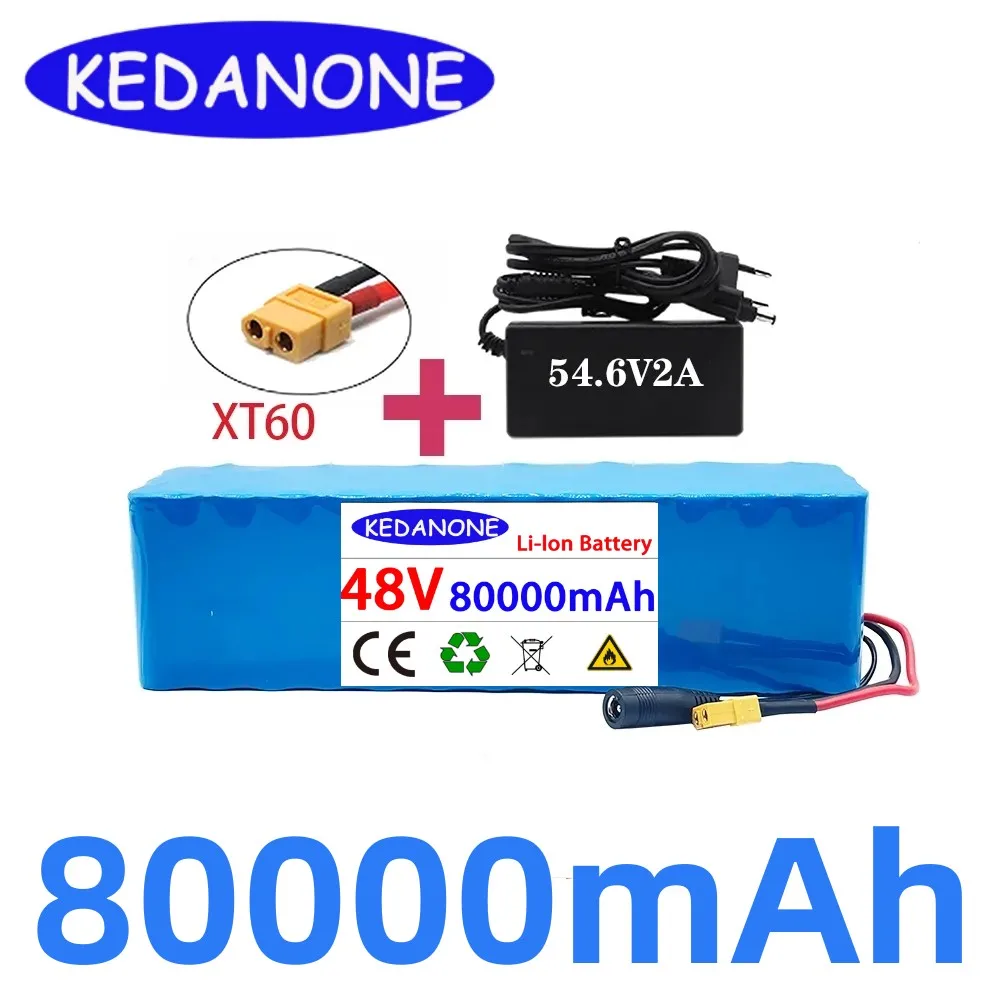 

Batería de iones de litio para bicicleta eléctrica, Pila de iones de litio de 48V, 80000mAh, 1000w, 13S3P, XT60, 100Ah, con BMS