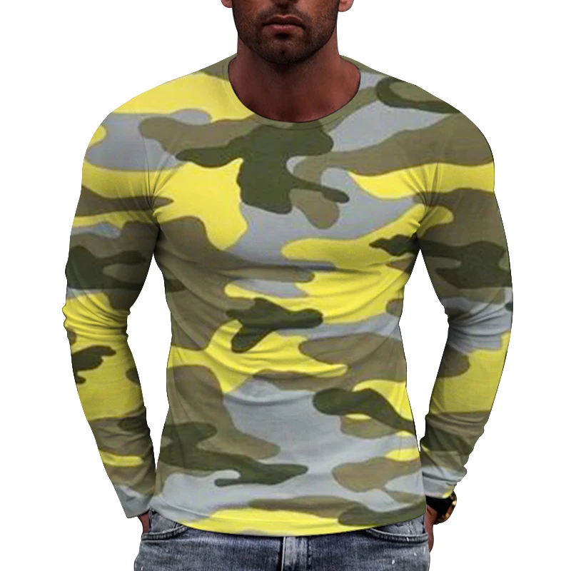 New European Camouflage Picture  Men long sleeved T-shirt Casual Printed Tees Hip-hop Personality Round Neck Quick-Dry Tops