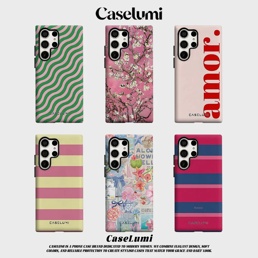 Pink & Green Waves For Samsung Galaxy Phone Case S23 S20 S25 FE S24 Plus S26 Ultra 2-IN-1 Shockproof Bumper Hard PC