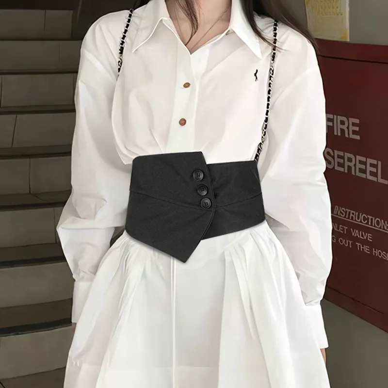 18CM X 78CM  Women Wide Elastic Leather Belt Buckle Three Suit Dress Shirt Seal Waist Outer Waistband Black Outside Fabric match