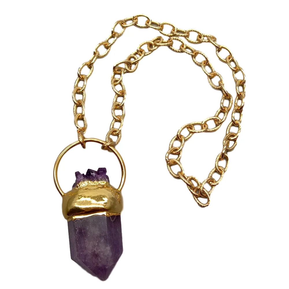 

Y·YING 17.5" natural Faceted Amethysts Druzy Point Pendant necklace gold color plated Chain Necklace