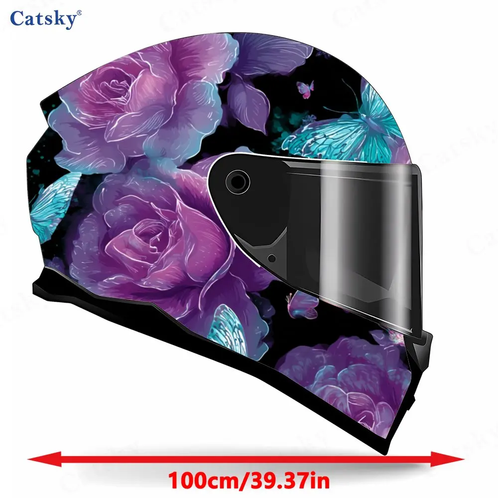 Purple-pink Rose with Blue Butterflies Print Helmet stickers , PVC Material Multifunctional Helmet Stickers, Scratch-Resistant &