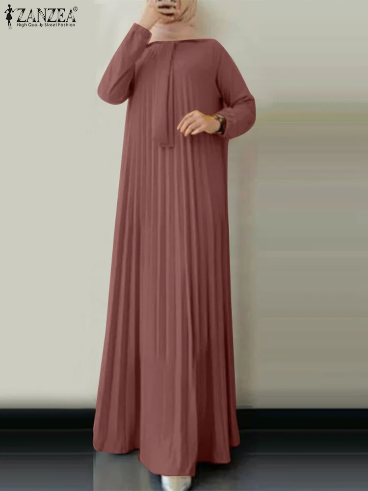 ZANZEA Women Pleated Maxi Dresses Autumn Muslim Hijab Abaya Dress Dubai Turkey Sundress Fashion Elegant Long Sleeve Islamic Robe