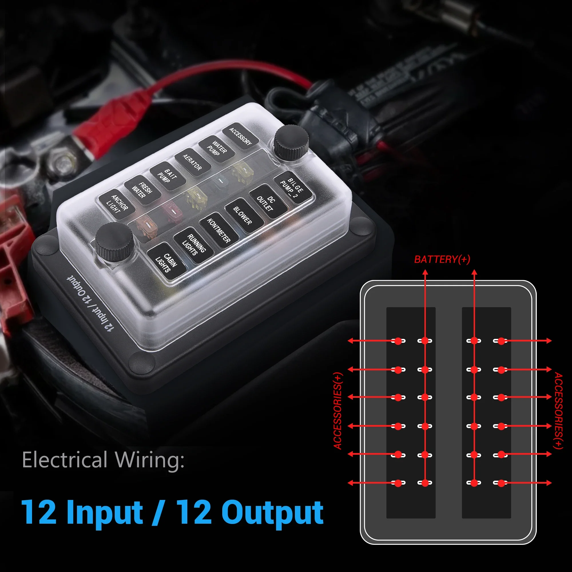 12-Way Blade Fuse Block (12Input/12 Output) With LED Indicator Waterproof Protection Cover and Label Sticker for Automotive Car